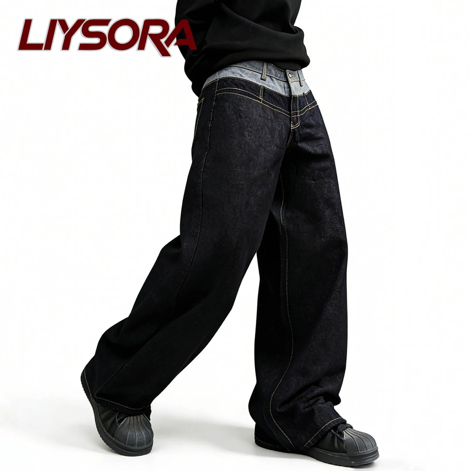 جينز رجالي أسود بتصميم عتيق بخصر مزدوج فضفاض وواسع الساق بتصميم الشارع من قماش الدنيم ملابس جينز فضفاضة واسعة الساق للجنسين #2