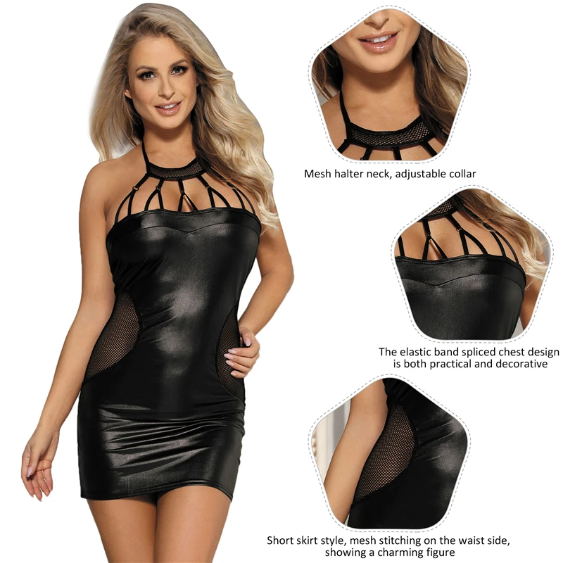 Comeondear Plus Size Women Dress Hollow Out Sexy Vestido Summer Bodycon Clubbing Dresses Halter Faux Leather Fishnet Robe Femme