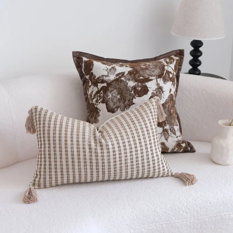 Coffee Brown Maillard Cushion Cover Retro Geometric Jacquard Pillow Case Wabi Sabi Pillow Covers Decorative Modern Luxury Home