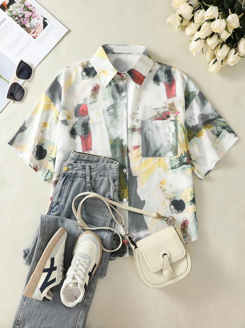 Bomon Japanese Korean Version Of Spring/Summer New Women's Shirt Y2K Floral Graffiti Print Street Casual Short Sleeve Loose Top