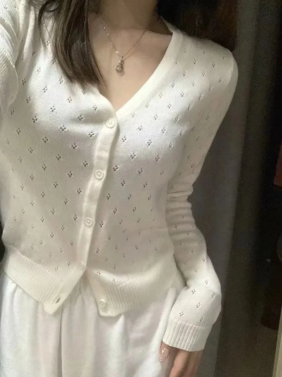 

Бежевый тонкий вязаный свитер с люверсами, кардиган, женские осенние свитера с v-образным вырезом и длинными рукавами, милый трикотаж в консервативном стиле, пальто, топы Y2K