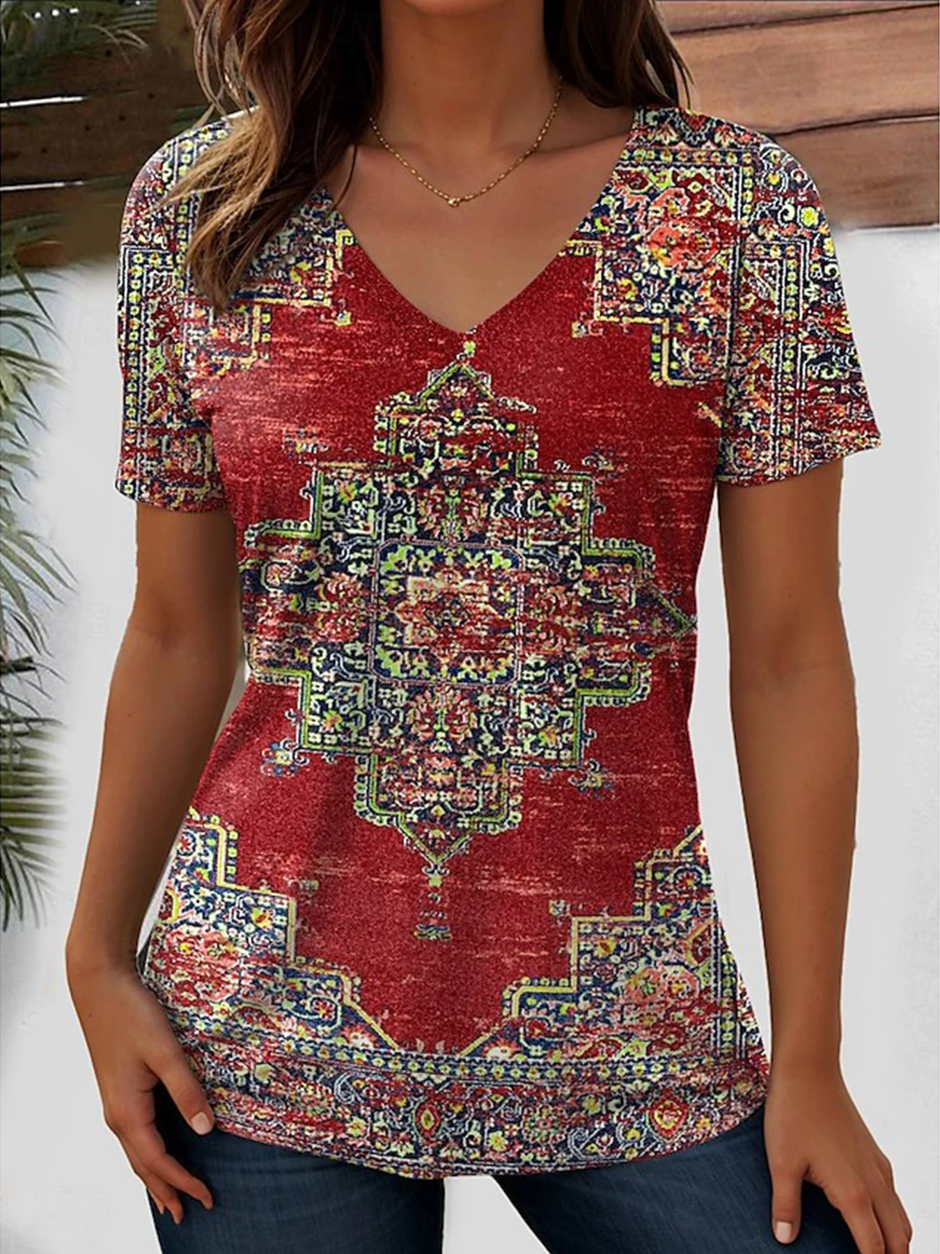 Women’s Tunic Tops Geometric Graphic Paisley T Shirt Casual Short Sleeve V Neck Summer Regular Tops Daily Going Out Beachwear