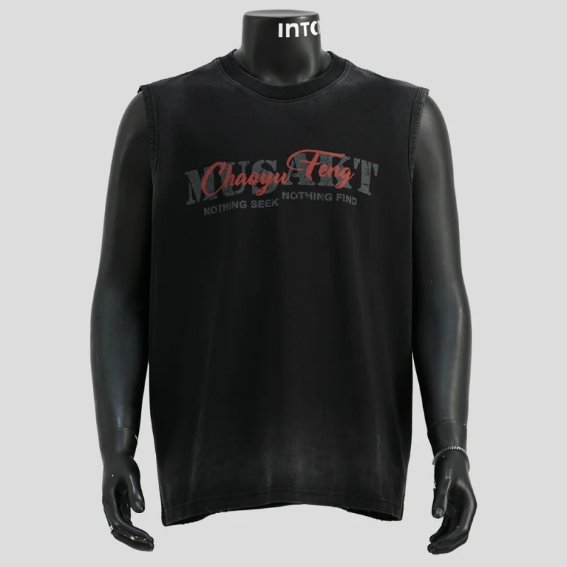 

Summer vintage washed men's sleeveless tops with printed vests, trendy and personalized street sports breathable T-shirts