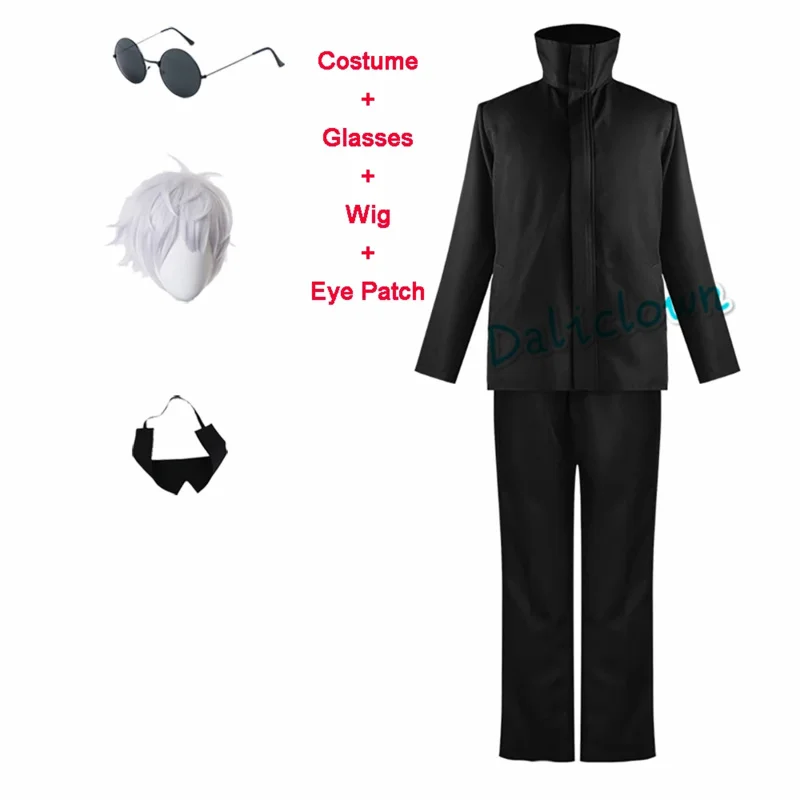 JJK Gojo Satoru Cosplay Uniform Wig Suit Eye Patches Black Glasses Costume Accessories Anime Props Halloween Costume for Men