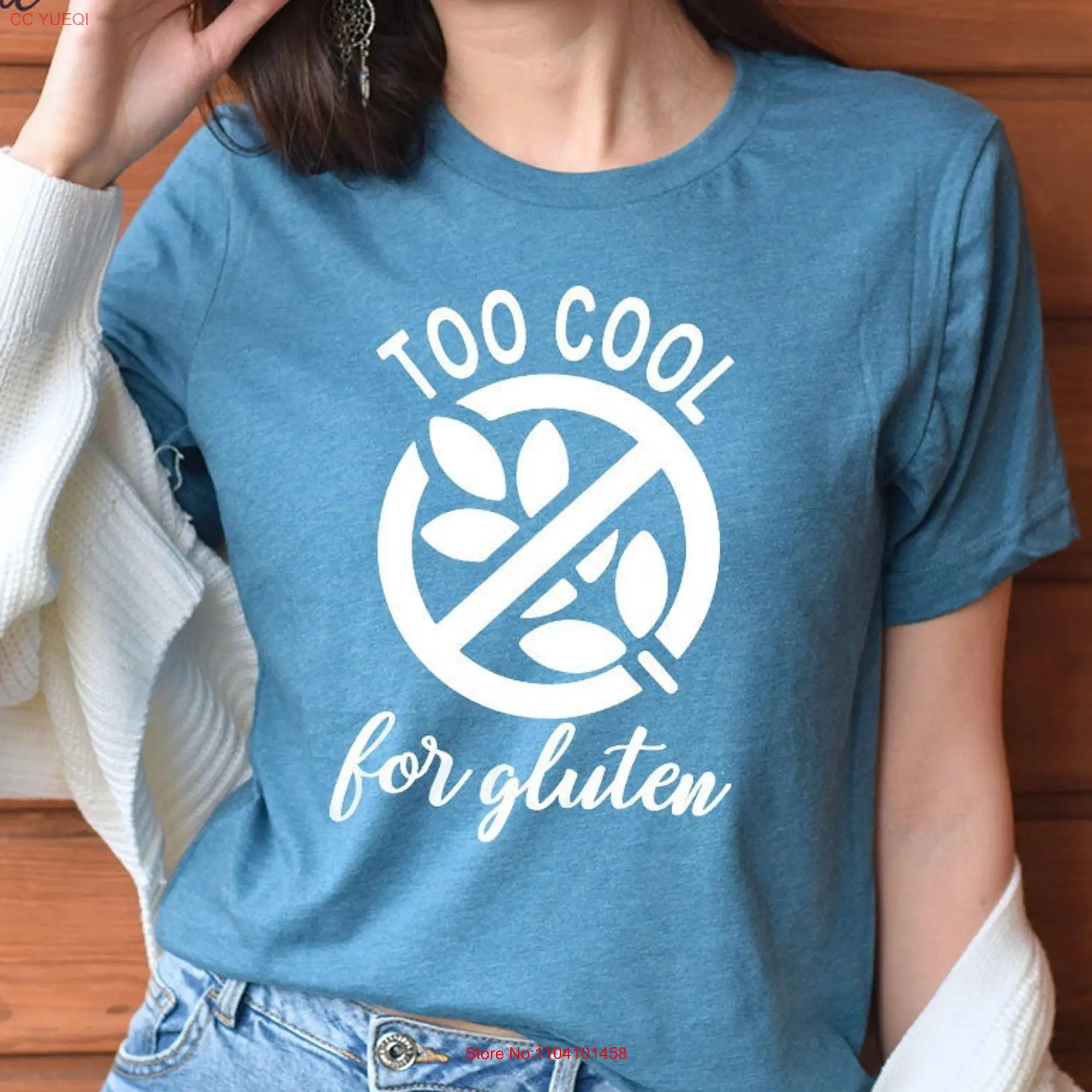 Too Cool For Gluten T Shirt Funny Celiac Disease Free Food Allergy DieT long or short sleeves