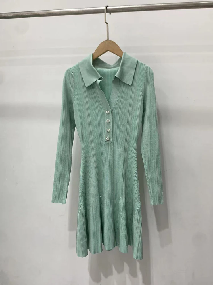 Autumn 2026 New Long-Sleeve Collared Knit Dress — Stylish, Elegant, High-Waisted, Stretchy, Slim-Fit A-Line Mini Dress