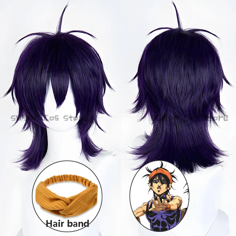 

JOJO Narancia Ghirga аниме косплей парик темно-фиолетовые термостойкие волокна волосы с повязкой для волос Хэллоуин ролевая вечеринка реквизит