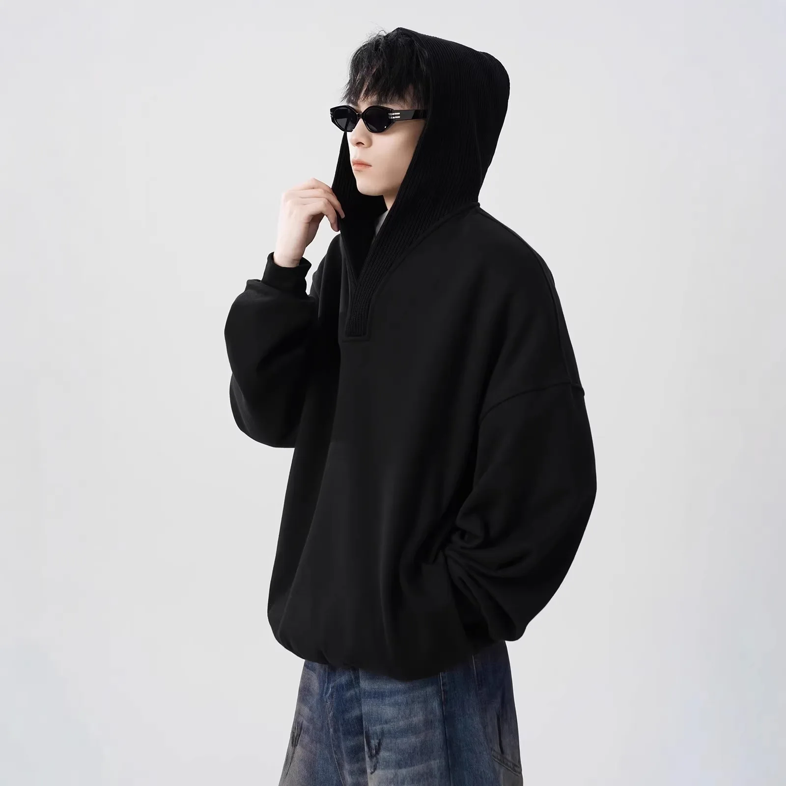 

Wool Splicing Hooded Sweater Men's 2026 New Niche Lazy Style Loose Casual Hoodie