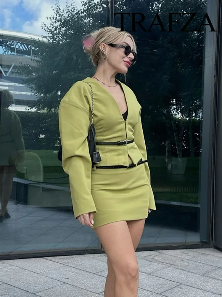 TRAFZA Women Elegant Skirt Suit Casual Green V-Neck Belt Slim Long Sleeved Short Coat Top+High Waist Side Zip Mini Skirt Mujer