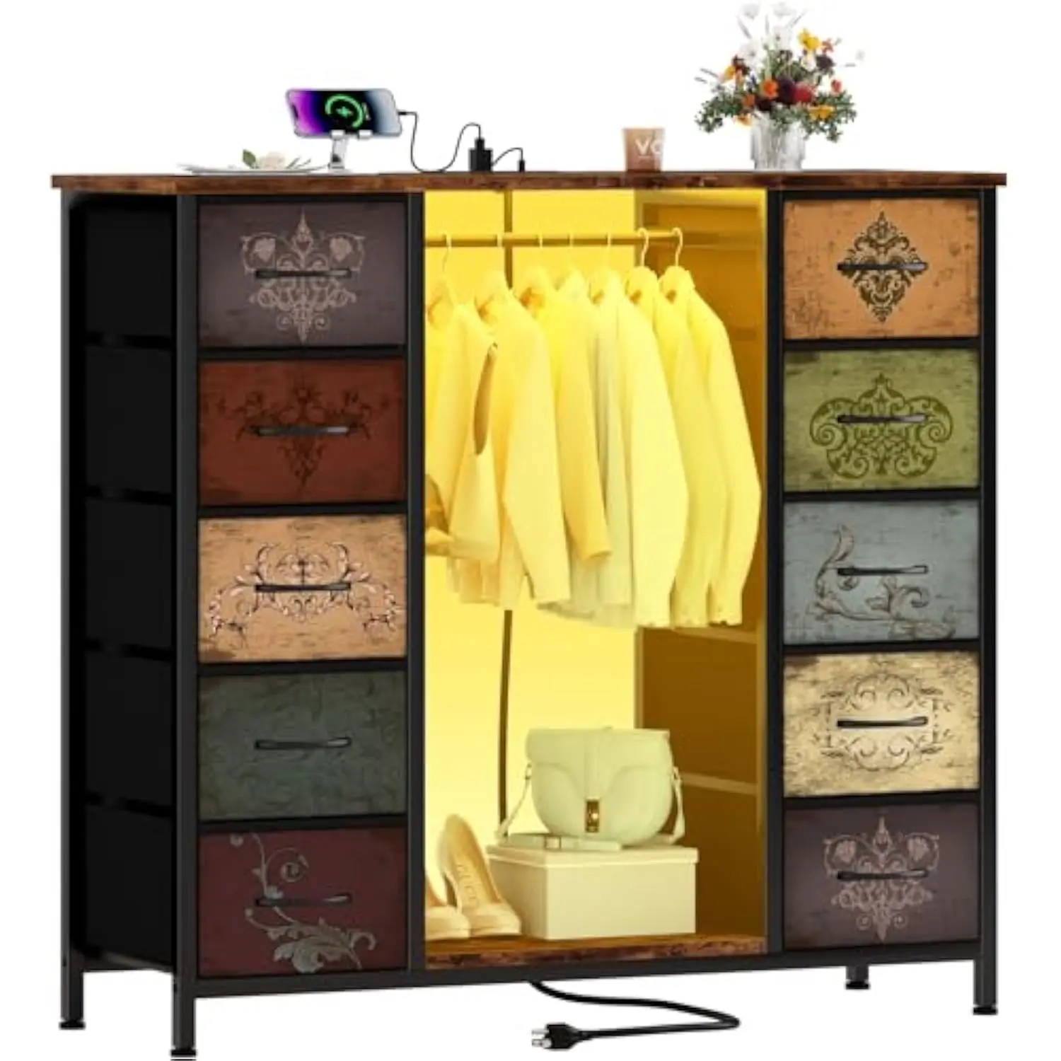 

10 Drawers Dresser for Bedroom with Hanging Rack, Wood Top Chest of Drawers with Charging Station LED Lights, Colorful Clothes