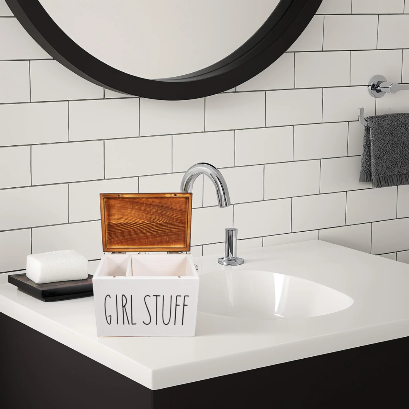 

Wooden Sanitary Napkin Storage Box Large Lid Bathroom Organizer Feminine Product Holder Discreet Pad Container Rustic Desktop