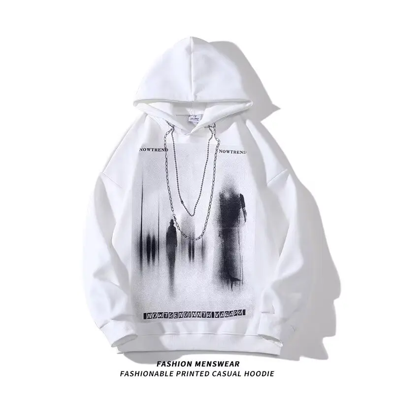 Fashion Mens Oversized Hip Hop Print Hoodies Y2K Techwear Autumn New Men Hooded Tracksuit Chain Striped Decoration White Hoodie