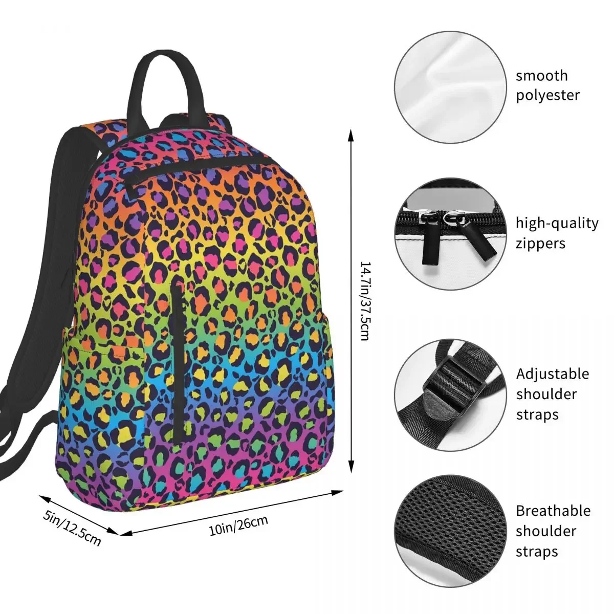 Bright Rainbow Ombre Gradient Leopard Print Pattern Backpack Student BookBag Children School Bag Laptop Shoulder Bags Boys Girls