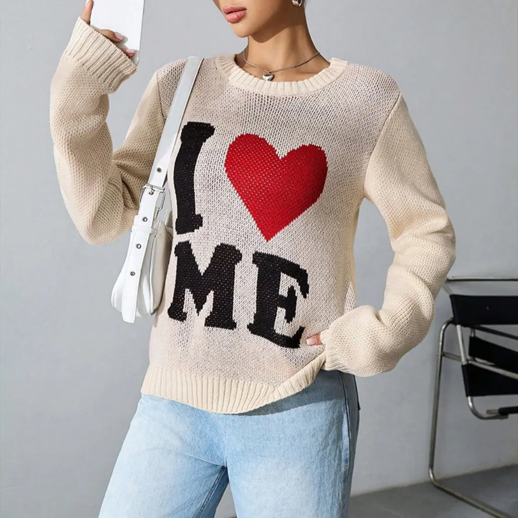 

European And American Style Casual Love Sweater Loose Lazy round Neck Jacquard Knitted Top Long Sleeve Pullover for Women
