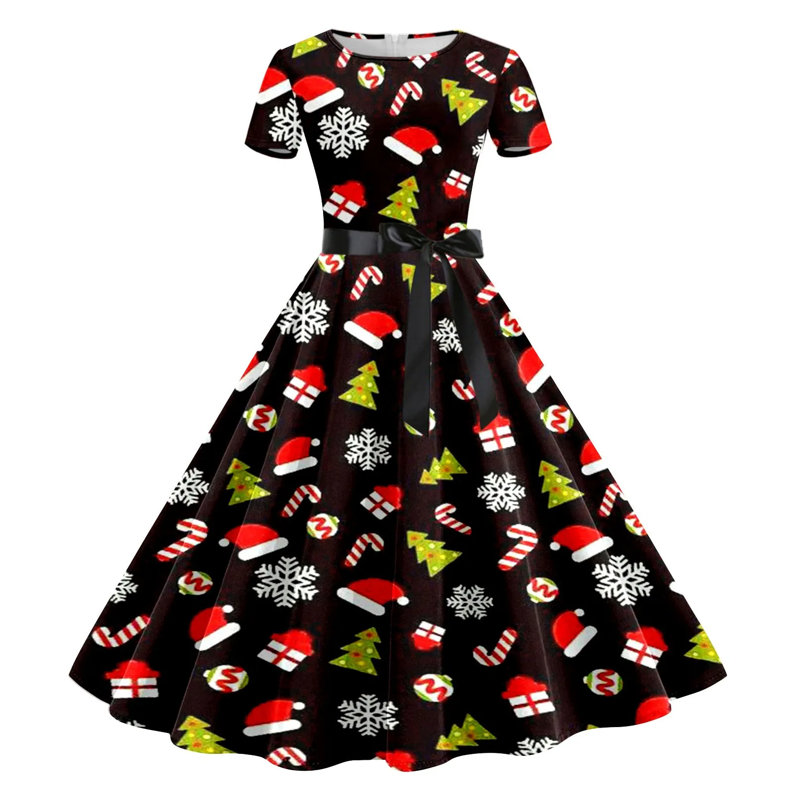 

Ladies Christmas Casual Round Neck Short Sleeve Dresses Removable Belt Oktoberfest Printed Casual 1950s Evening Prom Dresses