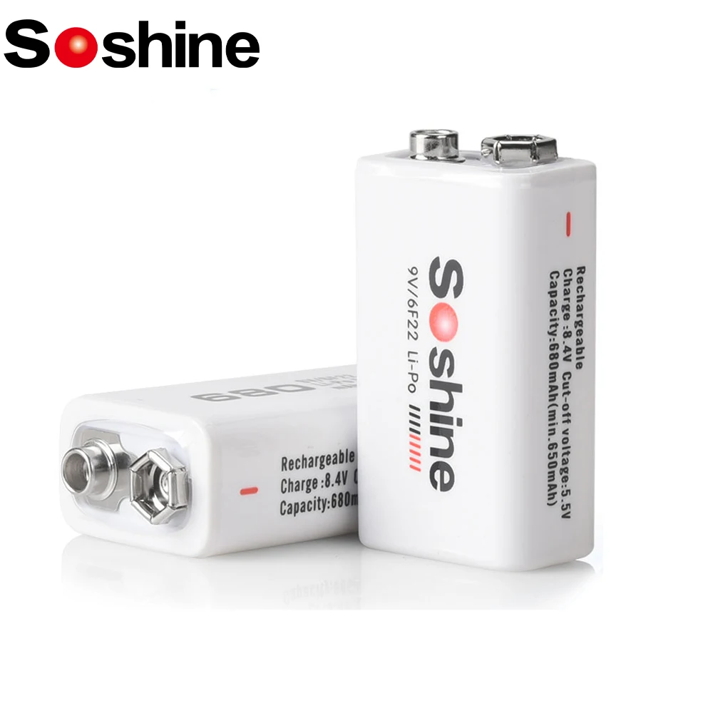 Soshine 6F22 9V Li-Po Rechargeable Battery 9 Volt 680mAh 6F22 Lithium Batteries 1000 Cycle Times for Smoke Microphone Wireless