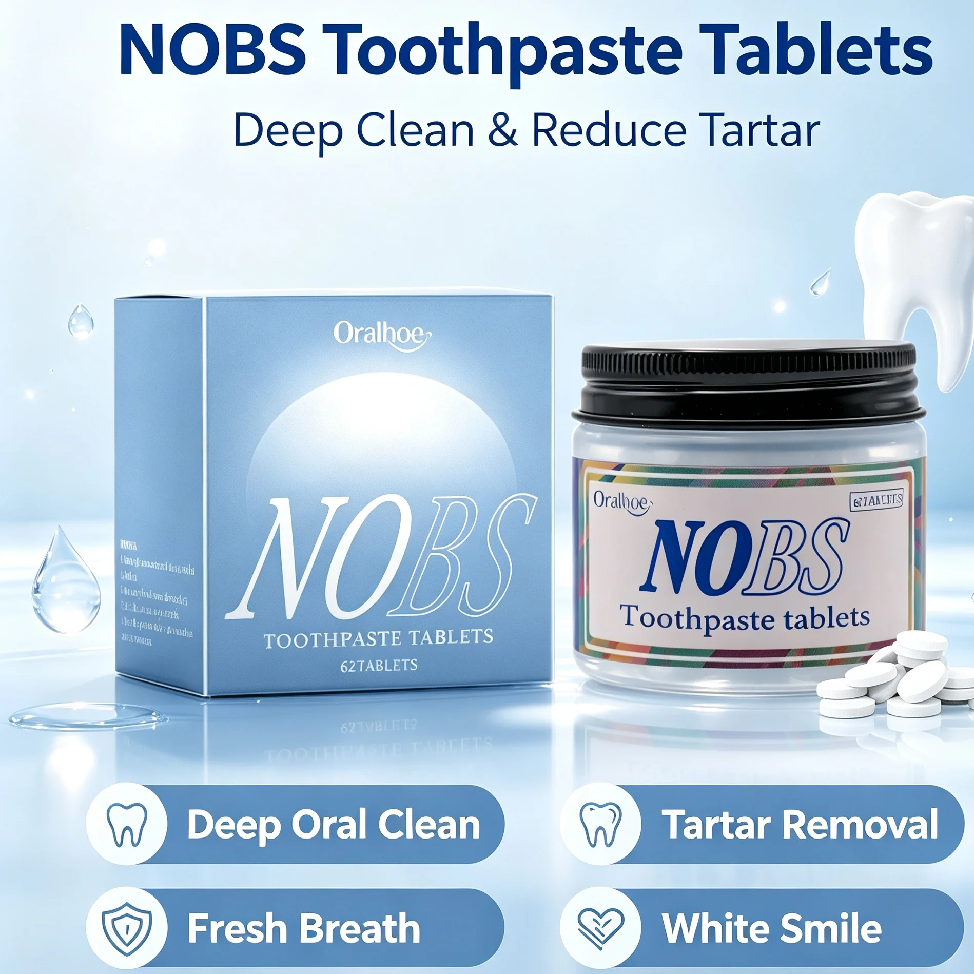 NOBS Toothpaste Tablets - Nano Hydroxyapatite, Flouride Free, Eco & Travel Friendly - Teeth Whitening Fresh Remove Smoke Stains