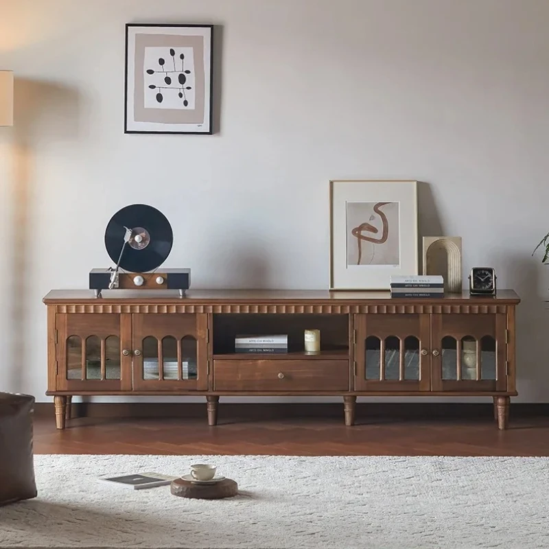

B Solid Wood Vintage TV Cabinet Living Room Low Cabinet Glass Display Storage