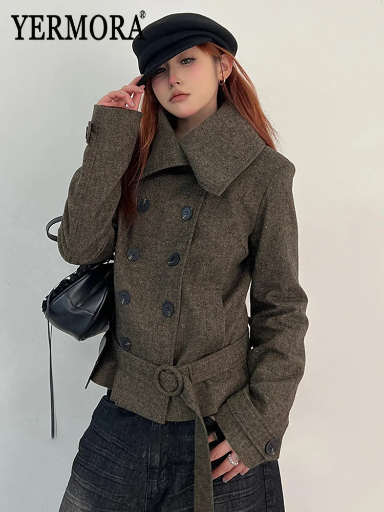 

YERMORA Brown Double Breasted Belted Vintage Jacket For Women Lapel Long Sleeve Loose New Coat Fashion Tide Autumn Winter 2025