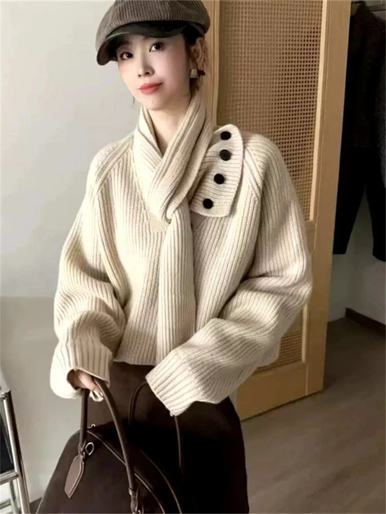 

Faionable V-Ne Knitwear Women's Sle Winter 2025 Scarf Matching Trendy Top Versatile Casual Commute Loose Fit Long Sve
