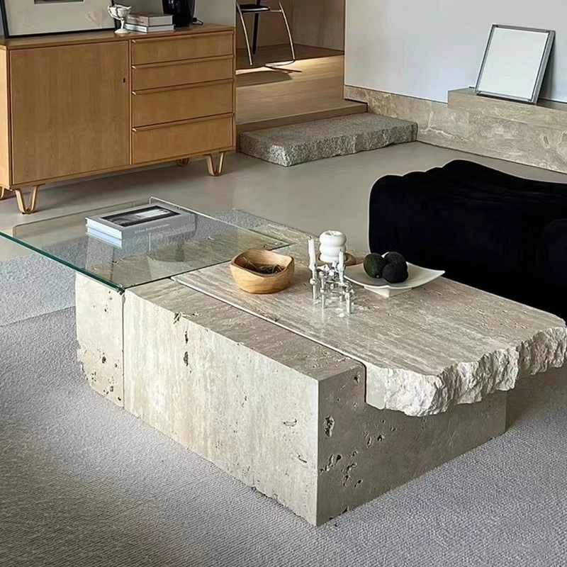 

Natural marble coffee table wabi sand wind medieval travertine square coffee table simple retro art glass tea table
