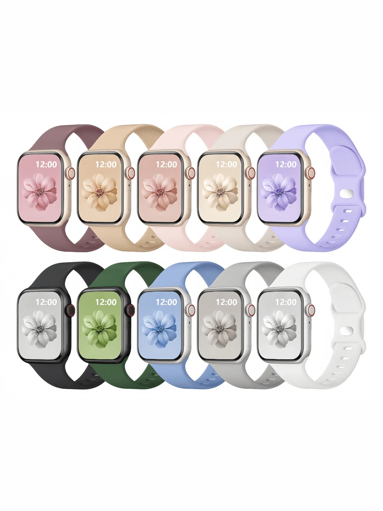 

10 шт. мягких силиконовых ремешков для Apple Watch 38-49 мм, спортивные ремешки унисекс в цветочном и однотонном дизайне