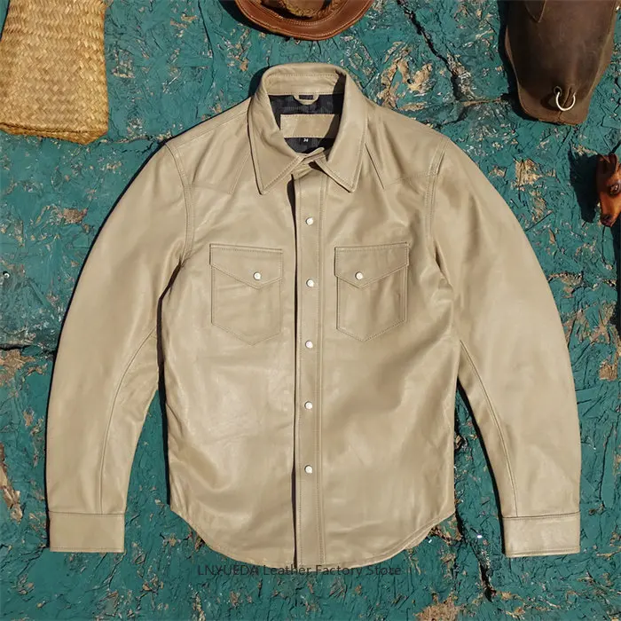 Men Ultra‑Thin 0.5mm Imported Top‑Grain Sheepskin Genuine Leather Shirt Jacket American Western Style with Bead Buttons