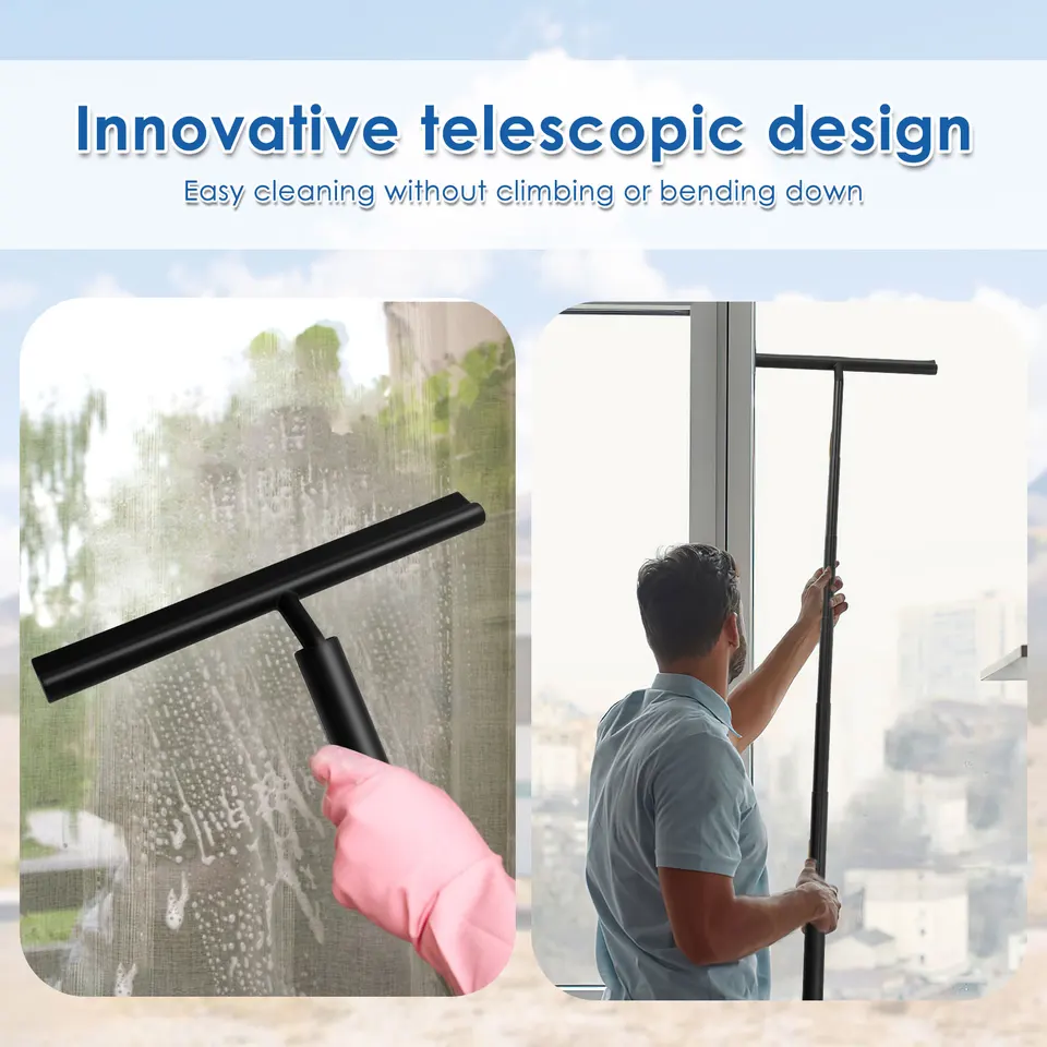 Raclette De Douche Télescopique à Poignée Longue 25,5-99 Cm - Raclette Silicone Noire Pour Fenêtre Et Sol