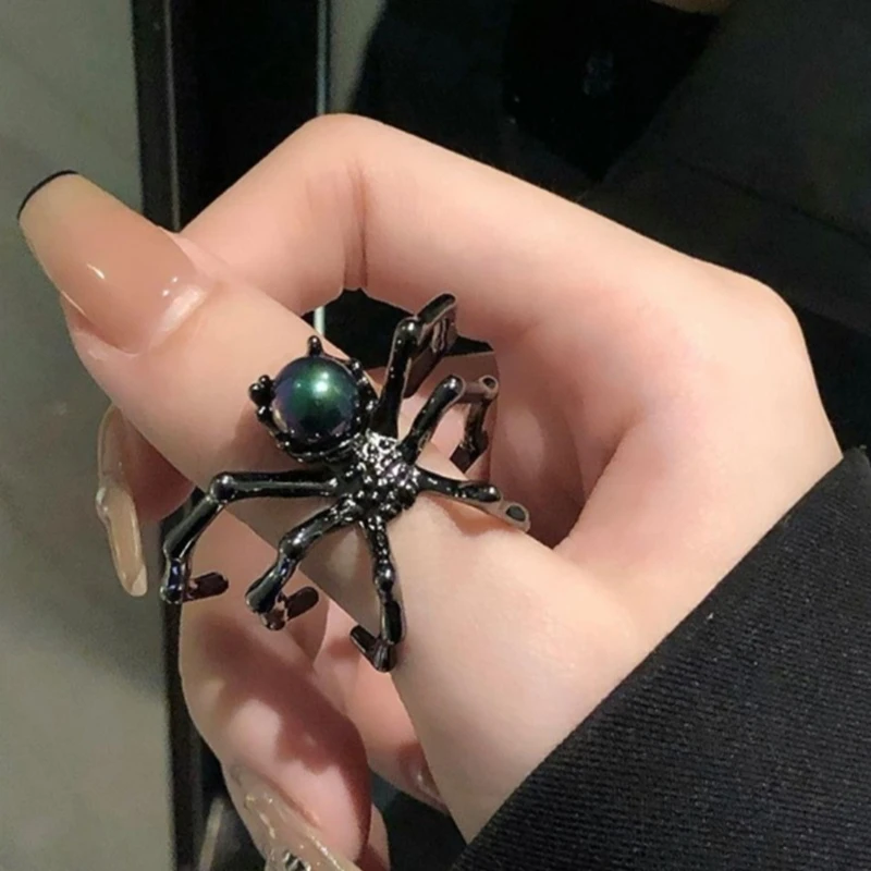 Gothic Punk Dark Spider Open Ring Jewelry Irregular Women Black Crystal Retro Moonstone Finger Rings Women Men Adjustable Gift