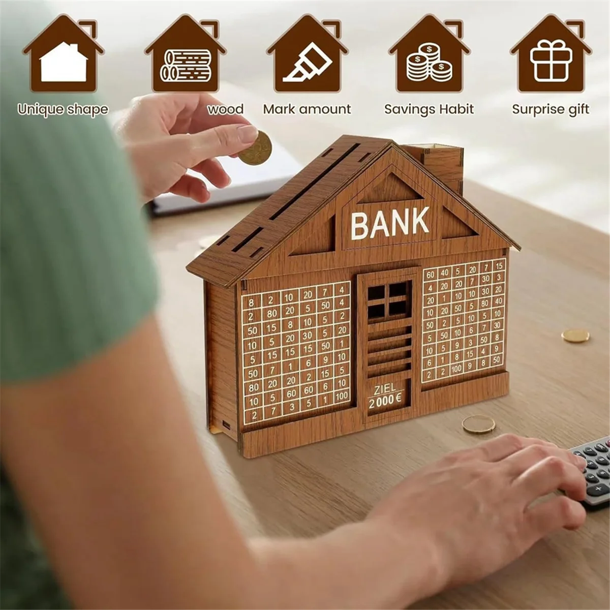 X55A-Wooden Piggy Bank للأطفال البالغين، صندوق نقود مع عداد، قصدير توفير المال، أموال قابلة لإعادة الاستخدام