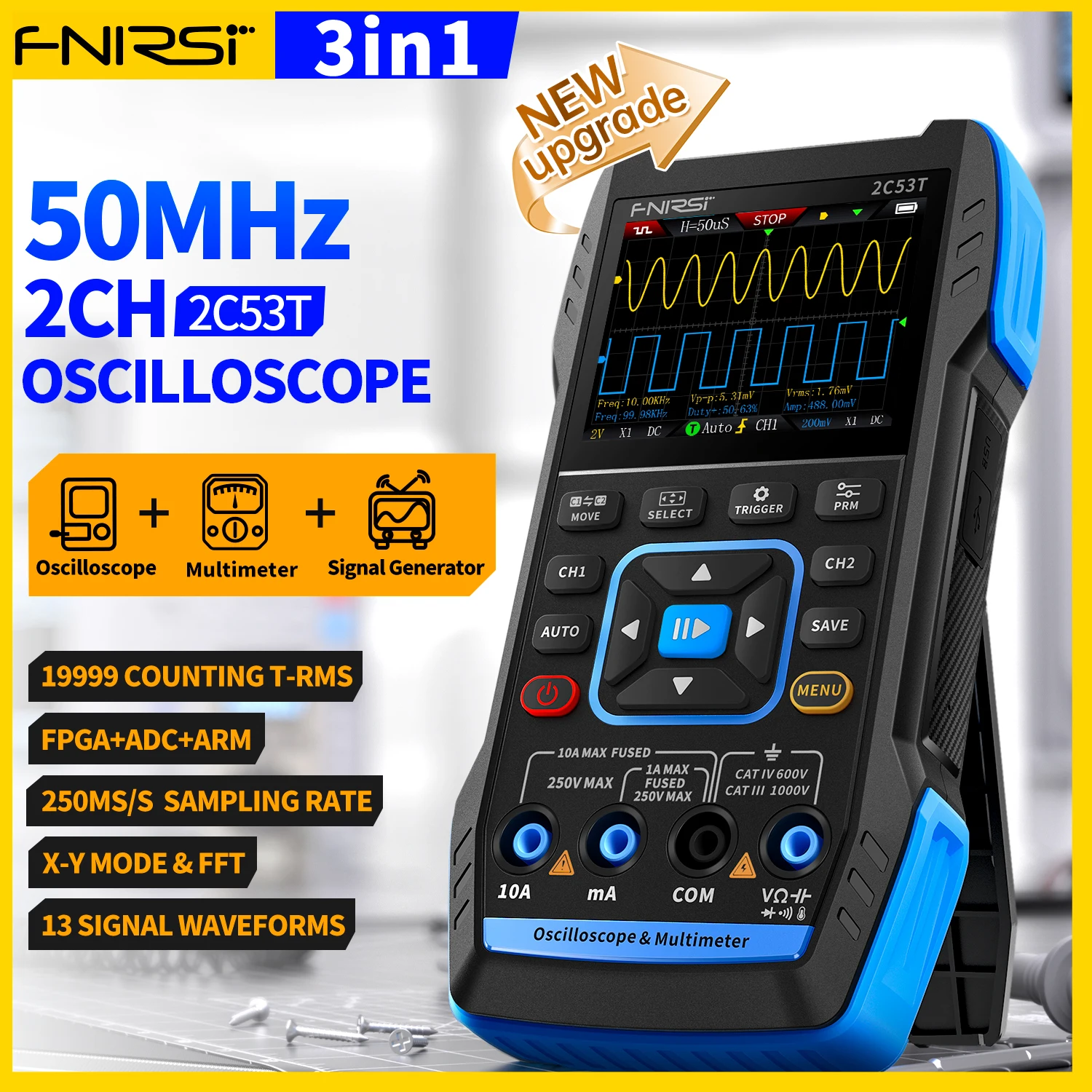 FNIRSI 2C53T 2C23T Upgrade 3in1 Oscilloscope Multimeter Signal Generator 50MHz Bandwidth 250MS Rate Dual Channel 20000 Counts