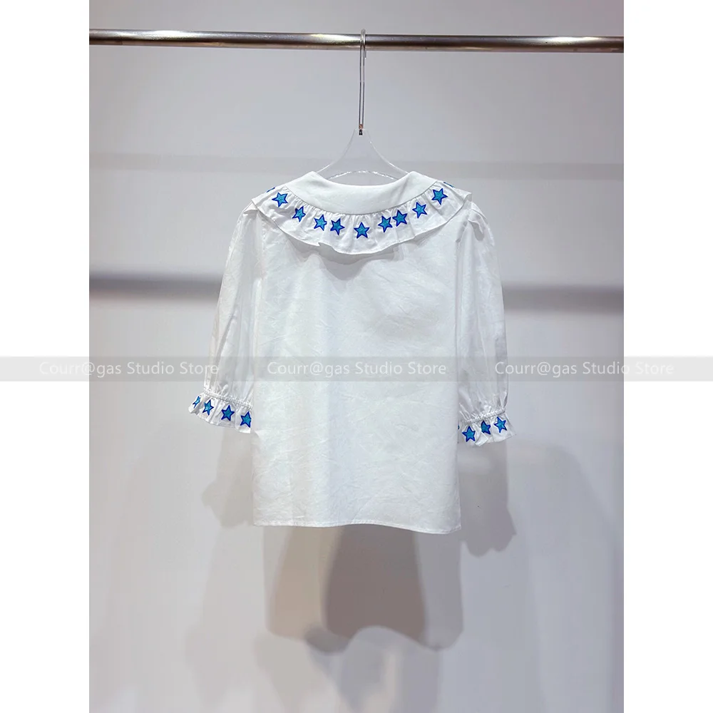 French style niche 2024 early autumn girl style linen lace collar embroidered short-sleeved sweet shirt