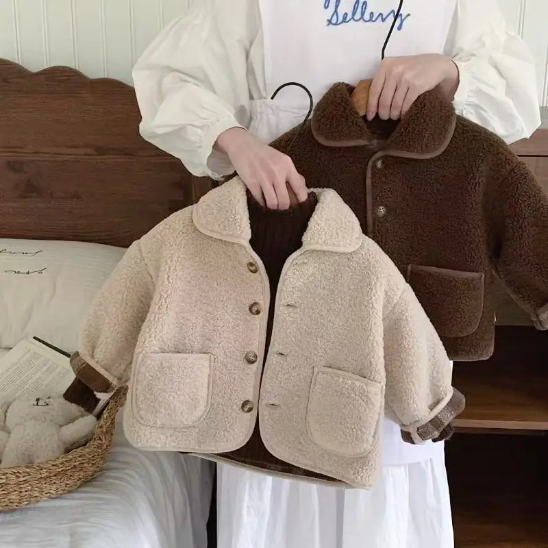 12 متر-7 سنوات الأطفال سترة الخريف والشتاء 2025 نمط جديد الفتيان والفتيات طوق دافئ سميكة معطف صوف الضأن 80-140 سنتيمتر