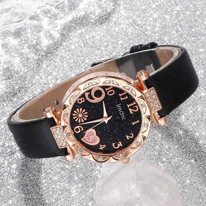 3PCS Set Women Watches Heart Dial Design Watch Black Leather Band Ladies Watches Simple Casual Quartz Wristwatches Female Clock