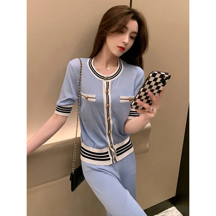 New High Quality Spring Summer Two Piece Set for Women Knit Short Sleeve Cardigan Tops + Wide Leg Pants Sets Women's Tracksuit