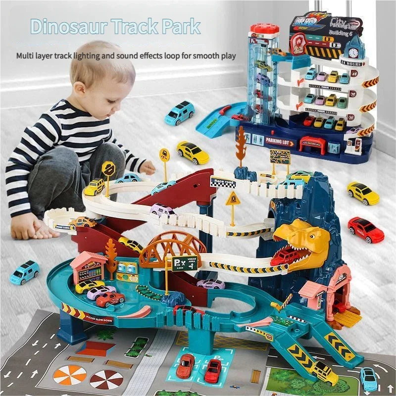 

Electric Rail Car Track Set Dinosaur Parking Lot Adventure Racing Game Durable Safe Interactive Educational Toy Gift For Kids