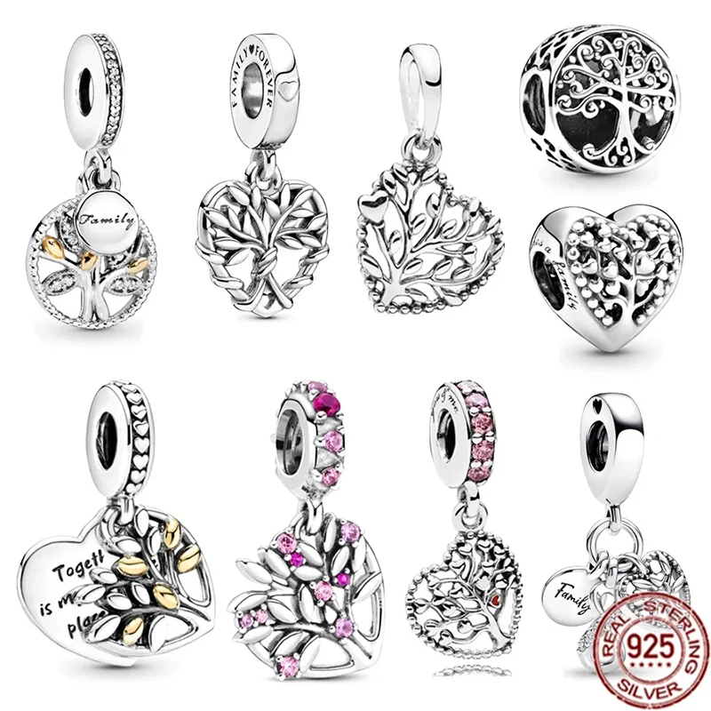 

925 Sterling Silver Fit Original Pandora Bracelet Fashion Jewelry Sparkling Pink Heart Family Tree Dangle Charms Beads For Women