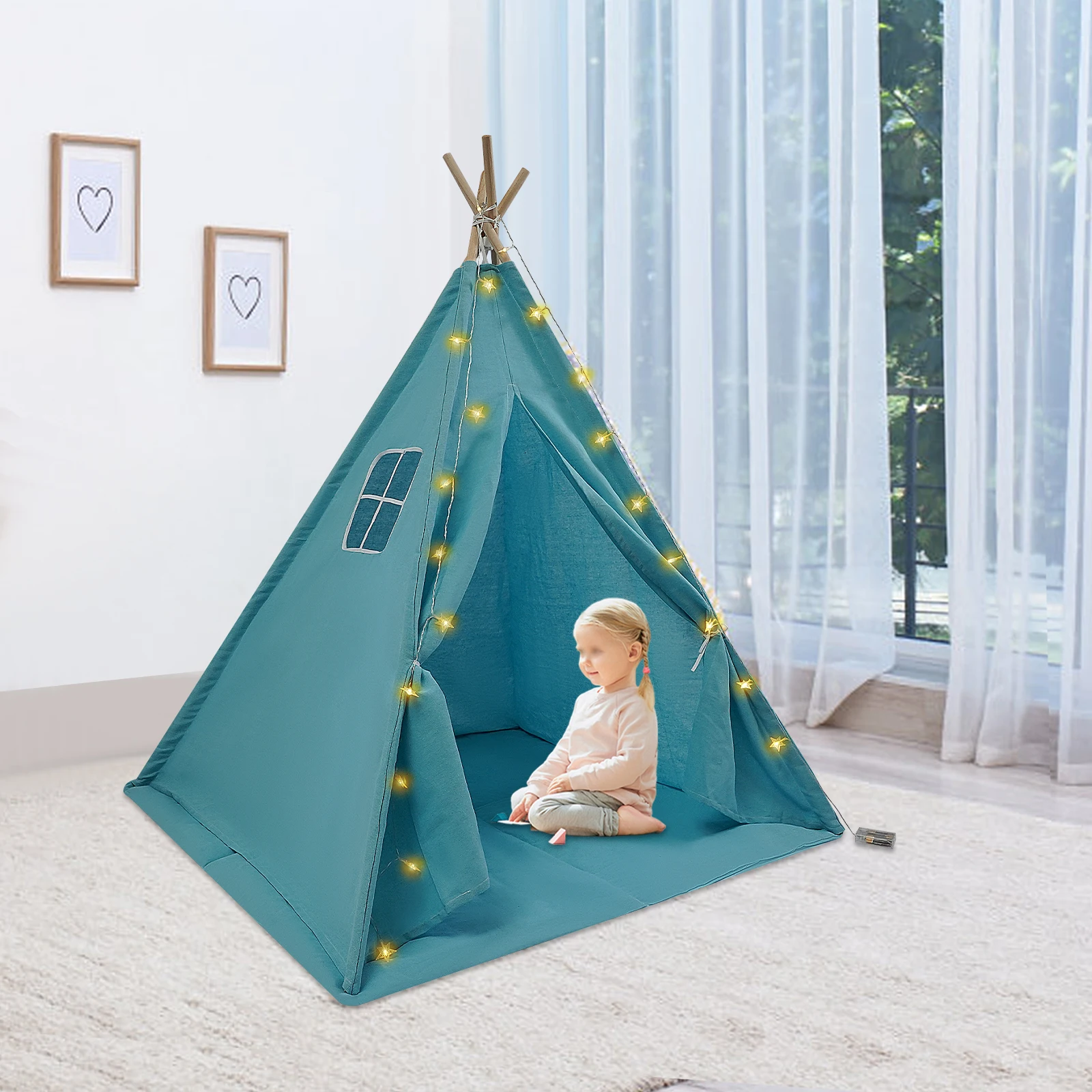 

120*120*140cm Tent for Kids Indoor Tent with Light Kids Tent with Mat & String of Lights Kids Tent for 1-12 Years Old