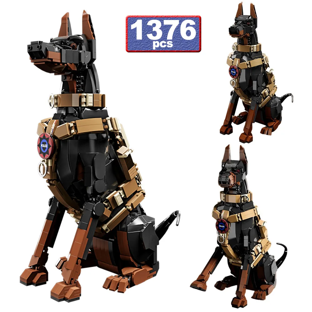 1376Pcs MOC Doberman Police Dog Model Building Blocks City Creative Ornament Simulation Animal Bricks Educational Toys Gifts