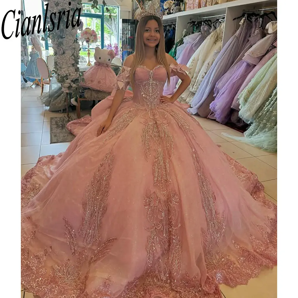 

Luxury Beading Crystal Quinceanera Dresses Ball Gown Off The Shoulder Appliques Lace Sweet 15 Años Mexican Customized
