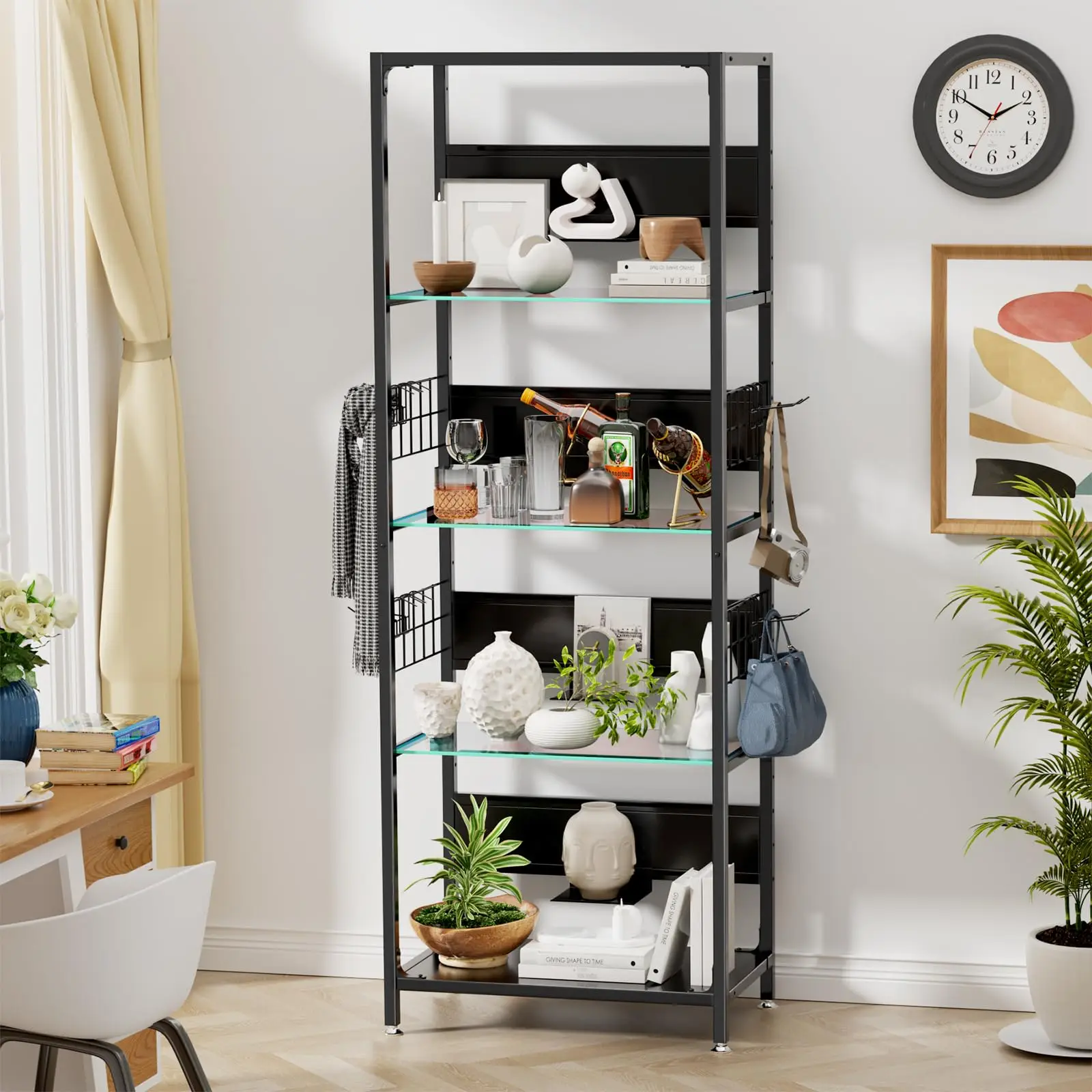 Lighted 4-Layer Glass Display Stand, LED Illuminated Showcase Cabinet with Adjustable Storage & Side Hooks, Metal Frame