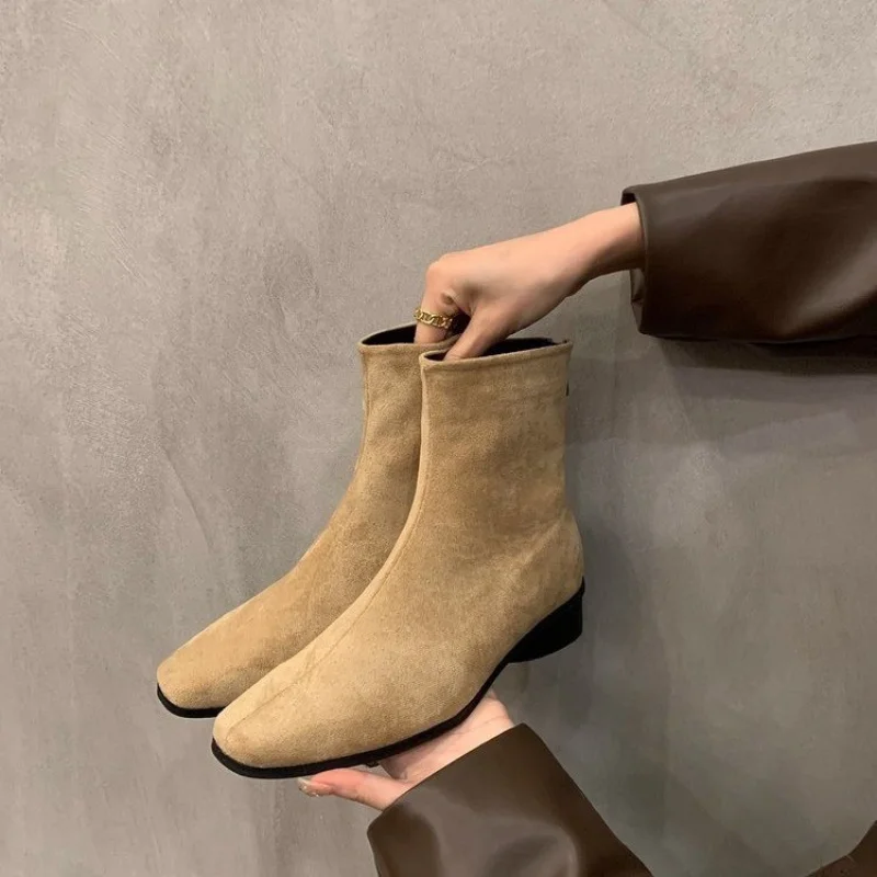 Vintage High-End Feel Short Boots Winter New Style Everyday Versatile Chunky Heel Slim Boots French Suede Ankle Boots