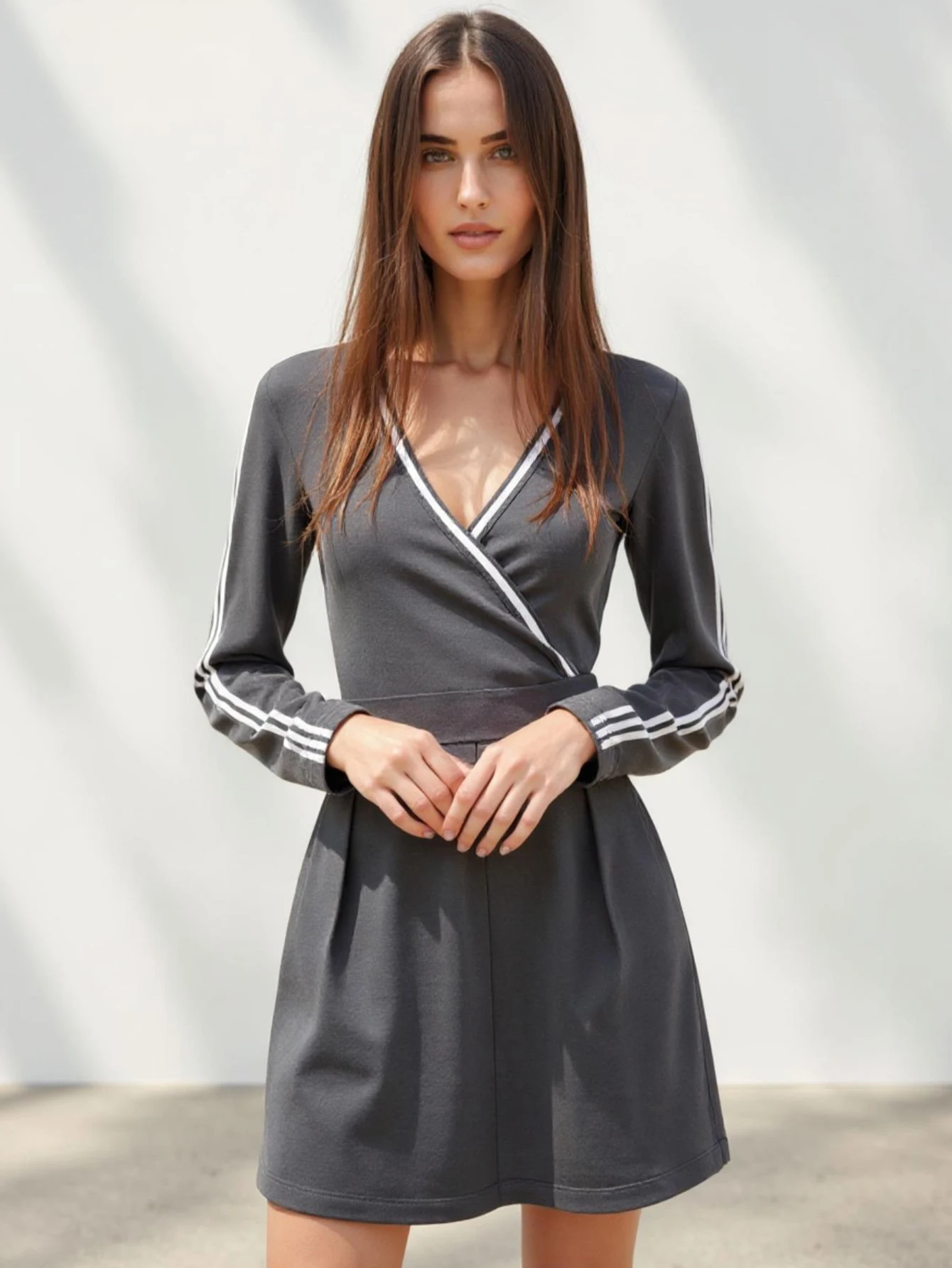 K-Fashion – Mini robe à manches longues et col en v pour femme, tenue de bureau, ligne a unie, avec taille cintrée, automne