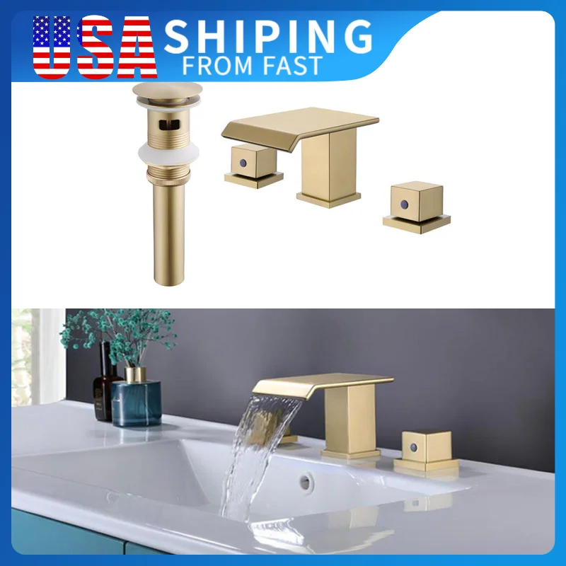 صنبور الحمام النحاسي الفاخر مع تصميم الذهب المصقول شلال بالوعة الحمام صنبور مع 2 خراطيم التوريد 3 حفرة نحى النيكل #1