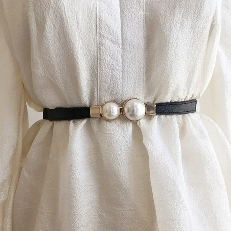 

Women's Belt Creative Double Pearl Leather Dress Waist Elastic Thin Elegant Women Fashion Accessories Clothes Decoration Gifts