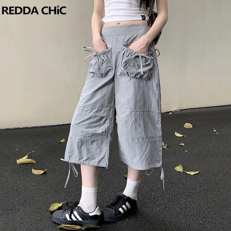 

REDDACHiC Retro Gray Drawstring Cargo Short Pants Women Casual Pockets Bandage Low Waist Wide Leg Baggy Jorts Y2k Streetwear