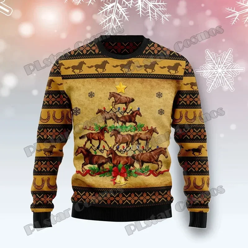 Fashion Winter Men's Sweater Horse Christmas Tree 3D Printed Ugly Sweater Neutral Casual Warm Knitted Pullover M1001