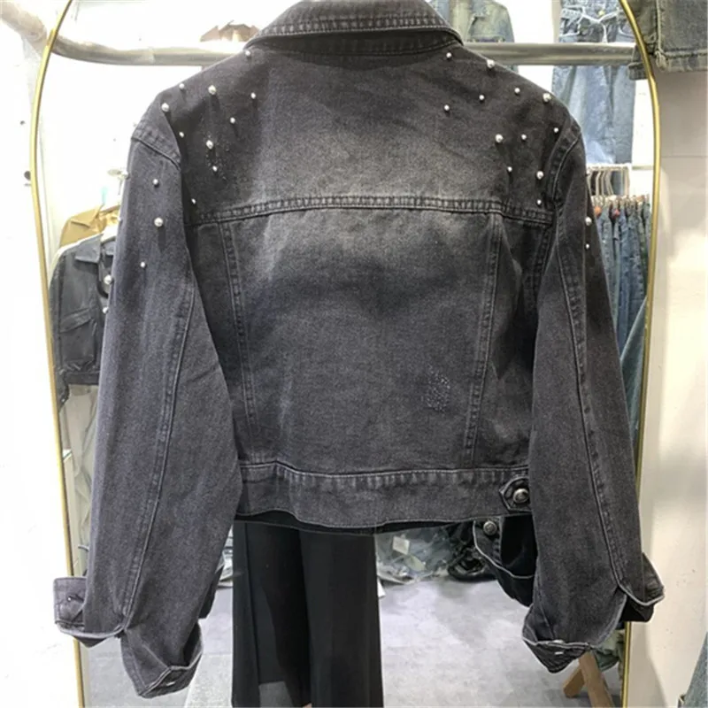 Vintage Beading Denim Jacket Women High-End Short Jean Coat Autumn New Long Sleeve Black Tops Female Loose Cowboy Outerwear T365