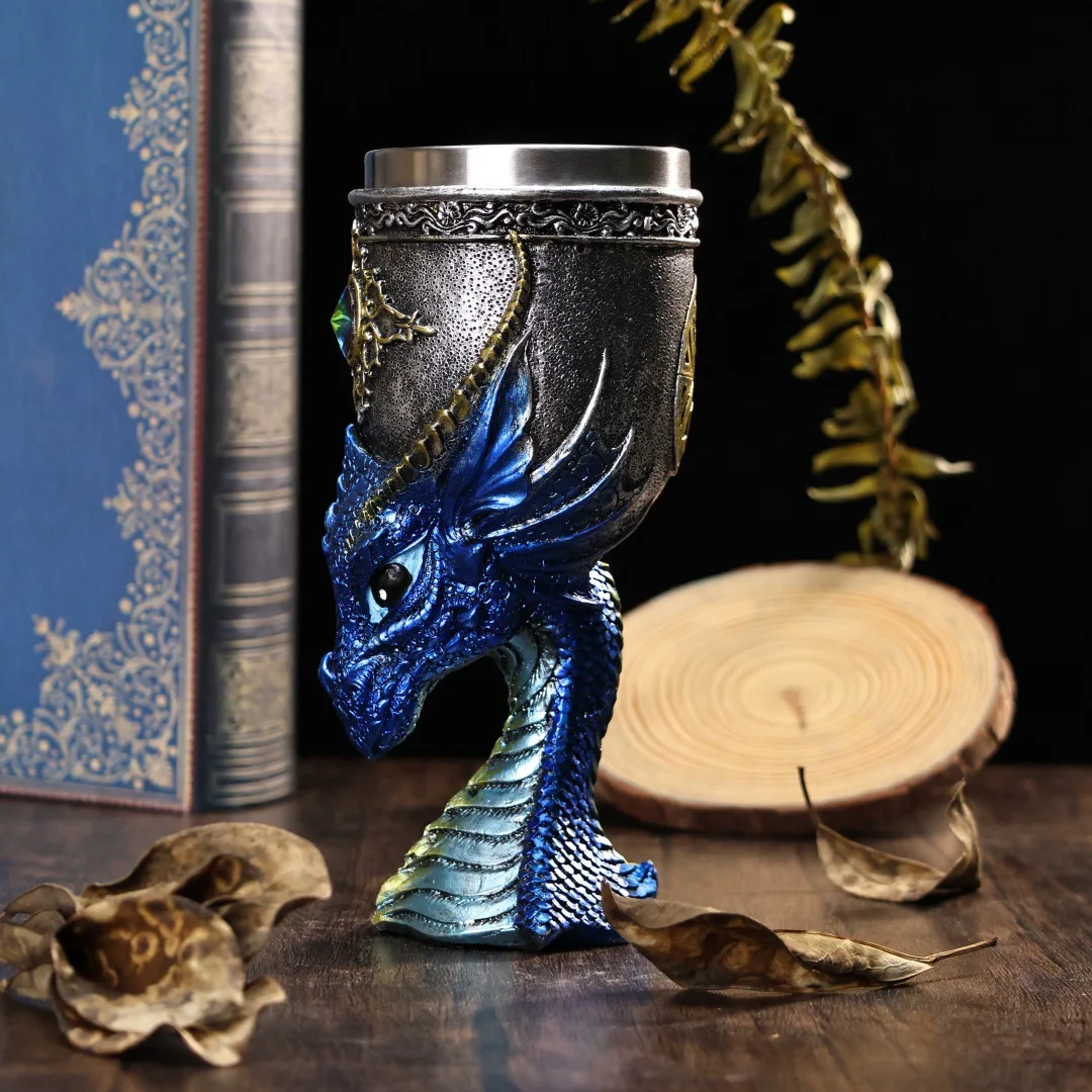 200ML Dragon Head Goblet Stainless Steel Resin Retro Gothic Fantasy Wine Beer Glass Chalice Drinking Cup Whiskey Green