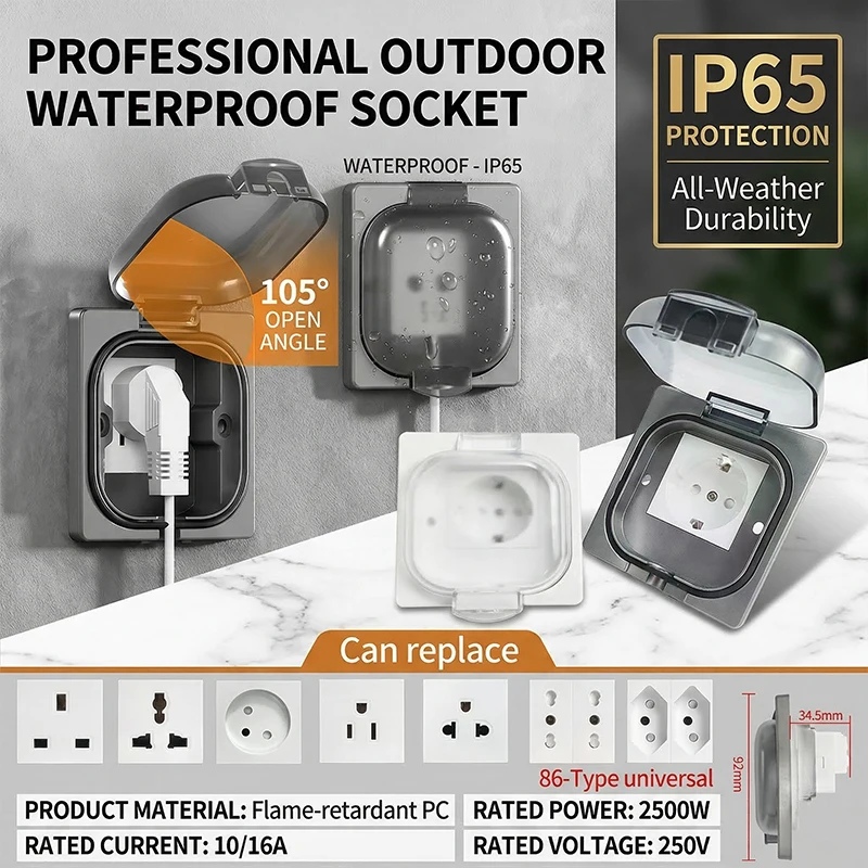

IP65 Waterproof Outdoor Socket, 16A High Power Wall Plate, 250V US/Thai Style 10A Receptacle, Bathroom & Weatherproof Electrical